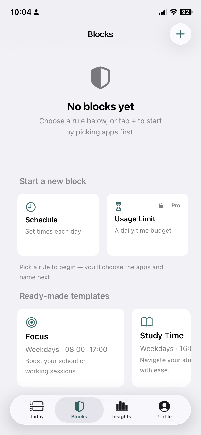 The Blocks screen showing the empty state, Schedule and Usage Limit options, and ready-made Focus and Study Time templates.